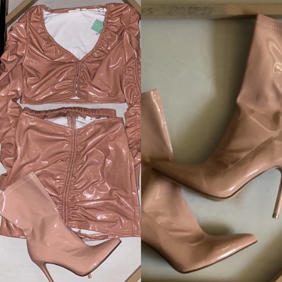 Two Piece Blush Pink Latex Ruched Top & Cutout Skirt Set - Picture 2 of 2